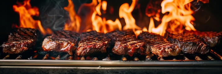 Closeup of juicy steaks grilling over an open flame.