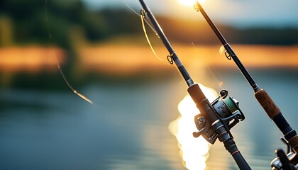 Fishing rod silhouette against a vibrant sunset reflection on a tranquil lake