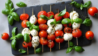 Wall Mural - Mediterranean-inspired skewers featuring fresh mozzarella, ripe tomatoes, and fragrant basil leaves