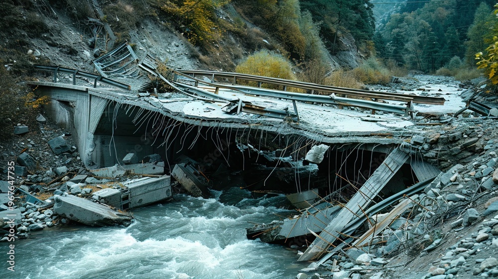 Infrastructure collapse, showing a broken bridge over a river ...