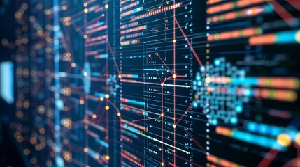 Leinwandbilder - Machine learning algorithm visualized on a computer screen with complex data patterns with copy space