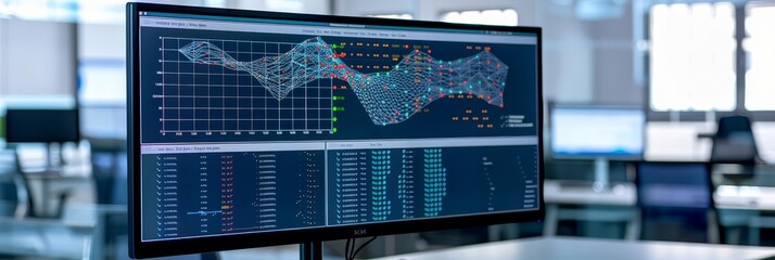 Poster - Machine learning model training on a large dataset with performance metrics displayed on a screen with copy space