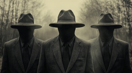 Canvas Print - Three men wearing black suits and hats stand in a forest