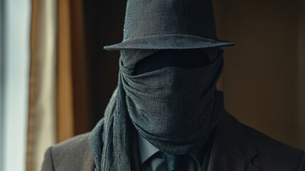 Wall Mural - A man wearing a black hat and scarf is standing in front of a window