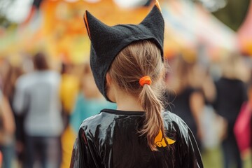 Back view of a child dressed as a cat at a school carnival event. Kids carnival