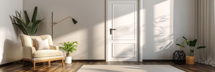 Modern living room interior with armchair, plant and door