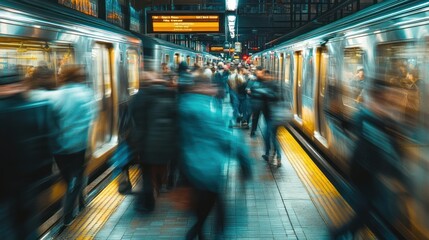 Canvas Print - A busy subway station with blurred commuters and trains, capturing urban transit life.