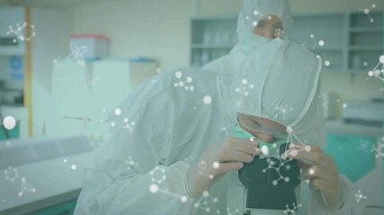Poster - Animation of molecules over caucasian scientists doing experiments