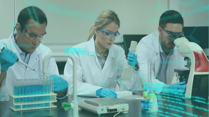 Poster - Animation of data processing over caucasian scientists doing experiments