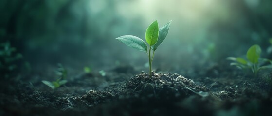 Close-up of a small plant breaking through the earth, representing fresh starts and natural growth, with lush green colors and earthy tones