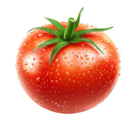 Freshly washed red tomato with water droplets, cut out transparent