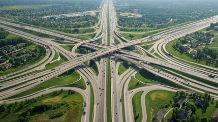 Aufkleber - An aerial view of an expressway interchange, showcasing the complex network of roads and the organized layout of the transportation system.