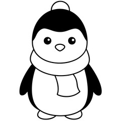 Charming baby penguin vector with winter hat and scarf, perfect for kids' illustrations or coloring.