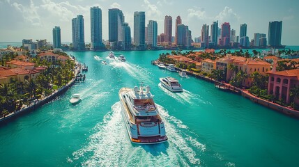 Luxurious yacht navigating vibrant waters with a city skyline backdrop.