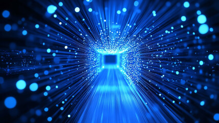 Wall Mural - a vibrant blue tunnel of light filled with glowing particles creates an immersive digital atmosphere