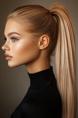 Wall Mural - a woman with long, straight blonde hair in a high ponytail hairstyle, side view. 