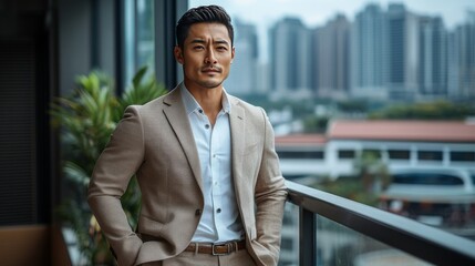 Asian businessman in a beige suit stands at his office window with his hands in his pockets. He gazes thoughtfully at the city skyline, reflecting a moment of reflection and ambition.