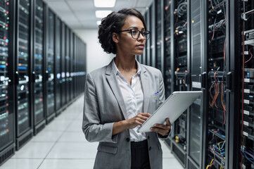 Serious African American IT engineer woman wearing glasses between row of operational server holding a tablet in her hand