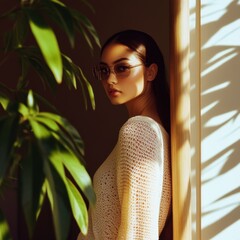 A young woman in stylish sunglasses leans against a wall adorned with shadows created by vibrant indoor plants, capturing a serene moment of reflection