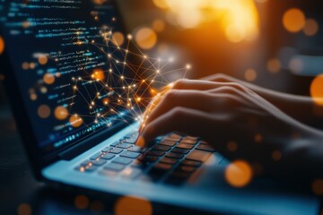 Canvas Print - Hands Typing on a Laptop with a Network Connection