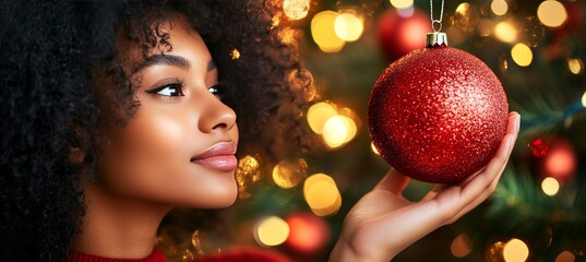 Woman. Christmas Ornament. Contemplation Close Up Of Afro Woman Contemplating A Red Ornament, bokeh