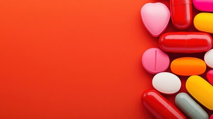 Colorful Pills and Capsules on Red Background