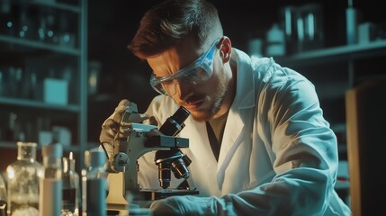 Poster - scientist examining samples under microscope in laboratory during evening hours