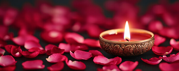 A tranquil candle glowing amidst delicate red rose petals creates a serene and romantic ambiance for special occasions.