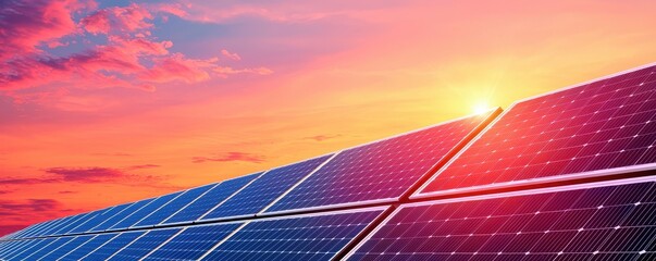 Vibrant sunset over solar panels, showcasing renewable energy's role in a sustainable future, with beautiful colors in the sky.