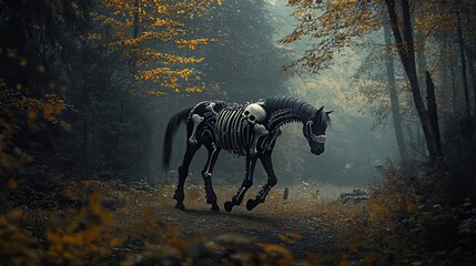 Skeletal Horse Walking Through a Misty Forest