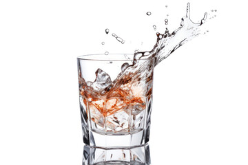 Dynamic shot of a glass being filled with water, with light reflections on the surface isolated on white background