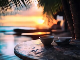 Serene sunset view with two bowls on a sandy beach table, framed by palm leaves and ocean waves in the background.