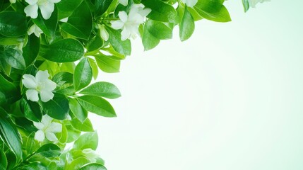 Canvas Print - White Flowers and Green Leaves Border on White Background