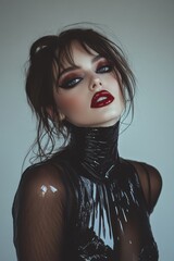 Latex fashion style female portrait, fashion and make-up shoot. Latex bodysuit, catsuit. Goth, Emo, New Wave, Dark style fashion. Dark smokey make-up, red lipstick. Dramatic. Elegant.	