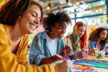 Smiling women  painting in a workshop during a master class