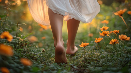 Barefoot woman standing on lush grass outdoors, embodying freedom, connection to nature, and groundedness, evoking a sense of peace and harmony with the natural world