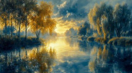 Canvas Print - A quiet river lined with willow trees