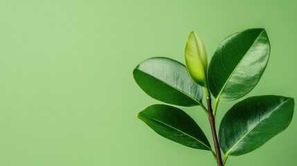 Poster - Green Leaves on a Branch Against a Green Background