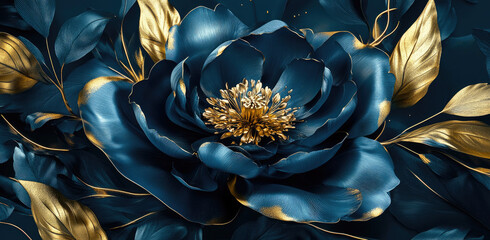 Wall Mural - 3D abstract painting of blue and gold peony flower with dark background