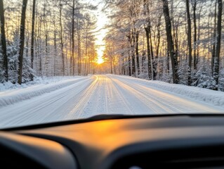 A serene winter road view at sunset, surrounded by snow-covered trees, creating a peaceful and magical atmosphere.