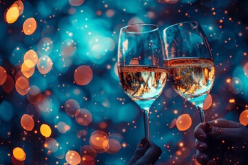 Two glasses of sparkling champagne clinking together with colorful bokeh lights in the background, celebrating a festive occasion.