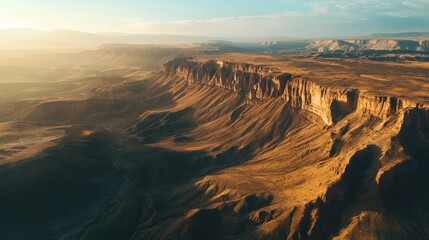 Wall Mural - A breathtaking aerial view of a rugged desert landscape at sunset, showcasing dramatic cliffs.