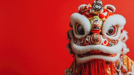 Bold red background highlights the vibrant colors and textures of a traditional lion dance costume.