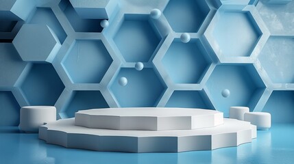 3D white and blue hexagons podium display with Technology futuristic medical healthcare and science concept. 