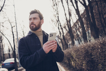 Aufkleber - Photo of mature attractive nice man wear trendy clothes promenade city street autumn day outdoors