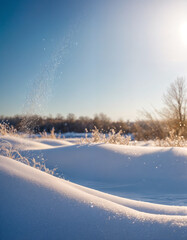 Wall Mural - Winter snow background with snowdrifts, with beautiful light and snow flakes on the blue sky, beautiful bokeh circles, banner format, copy space.