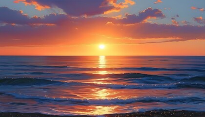 At sunset on the beach, a person quietly enjoys the beautiful sunset. The sea is sparkling, outlining a tranquil outline.