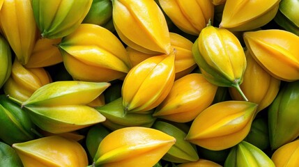 A pile of fresh market-ready starfruits (Averrhoa carambola), with their unique shape and bright color