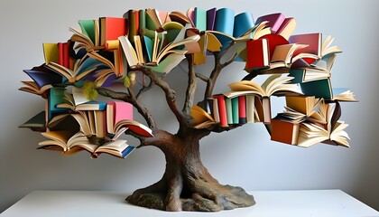 Whimsical tree sculpture vibrant with colorful books, celebrating the rich diversity of knowledge and education in an enchanting environment