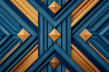 Geometric art deco design in blue and gold, modern abstract pattern.